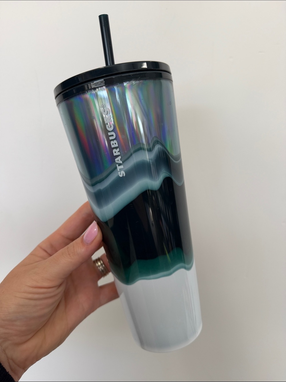 Starbucks Iridescent holiday Green & White Reusable Tumbler with Straw big wave